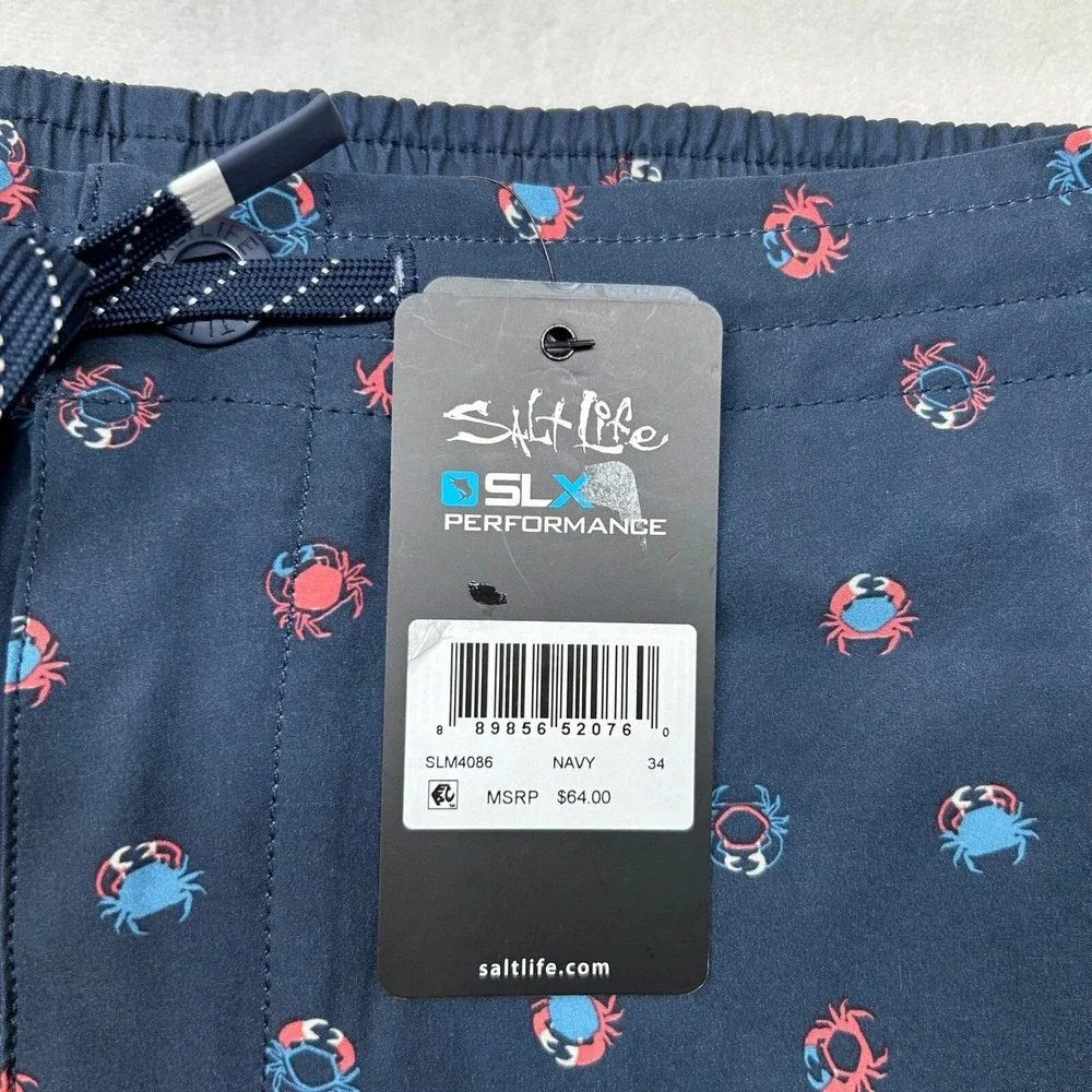 Salt‎ Life Get Crabby Performance Walk Shorts Mens 34 Navy Blue Drawstring NEW